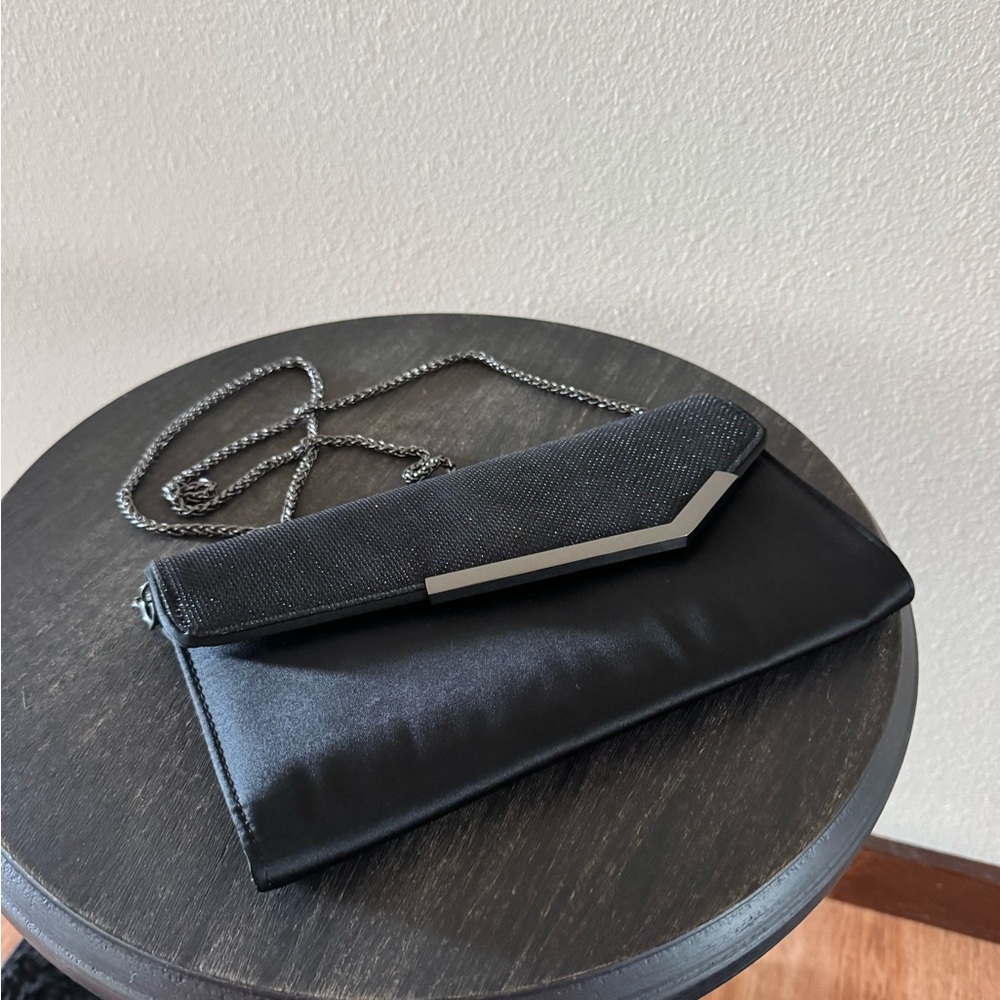White House Black Market Black Satin Clutch with Chain